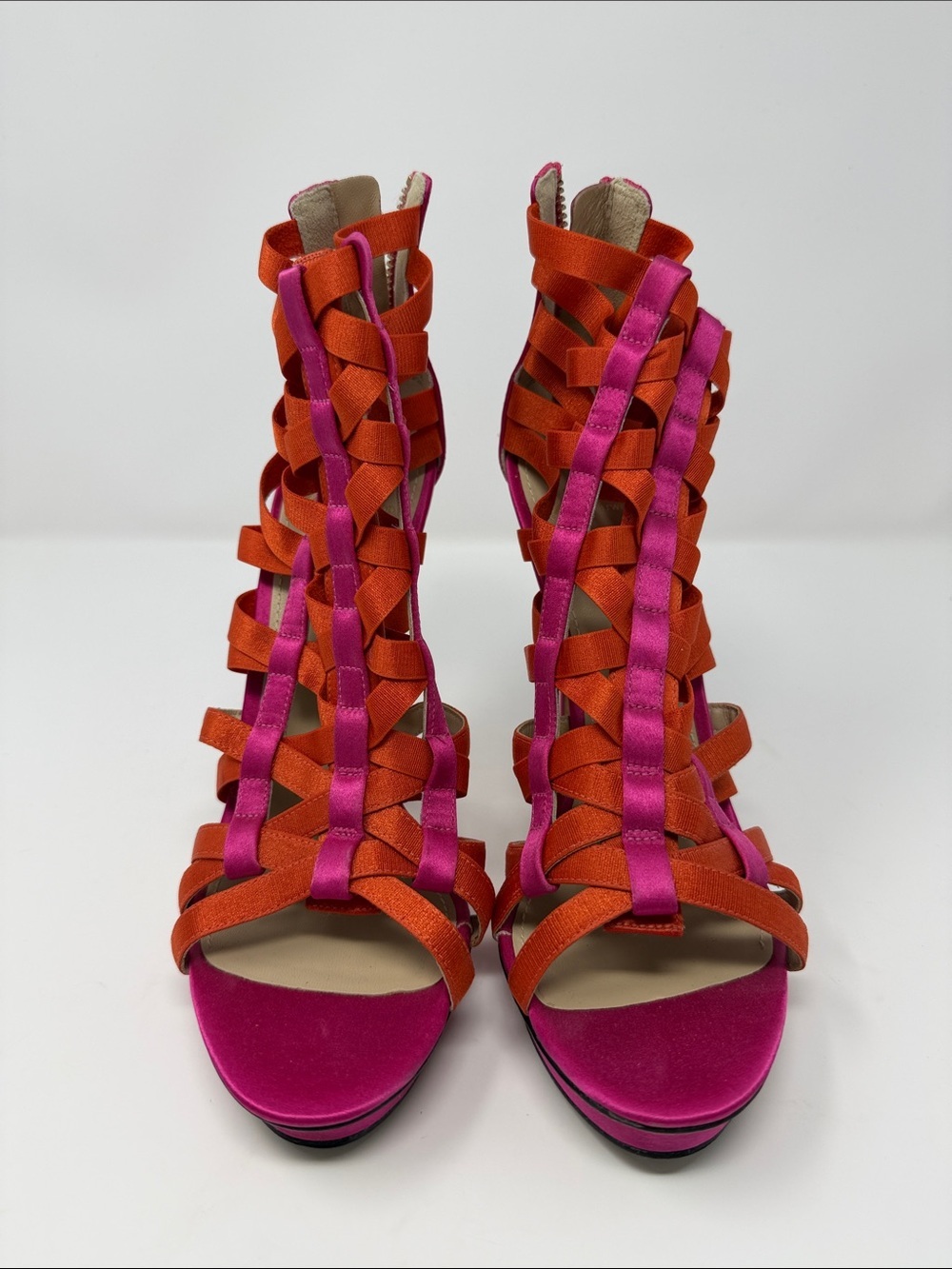 Brian Atwood Strappy Gladiator Sandals in Fuchsia and Orange